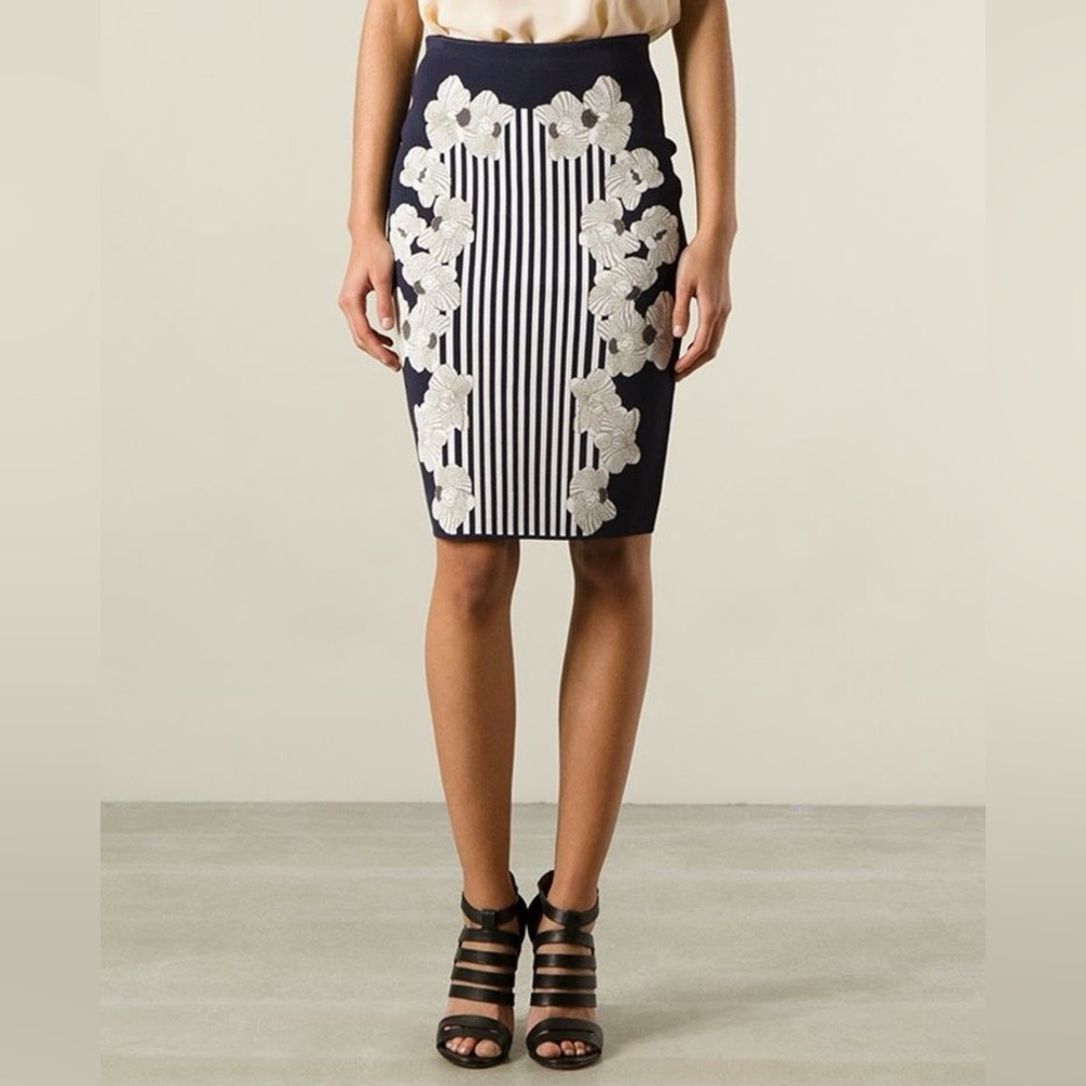 Diane Von Furstenberg Kacee Navy and White Floral Stripe Pencil Skirt